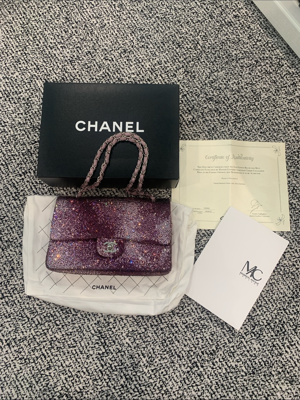 CHANEL Purple Glitter Quilted Shoulder Bag with Chain Handle. New in the Box